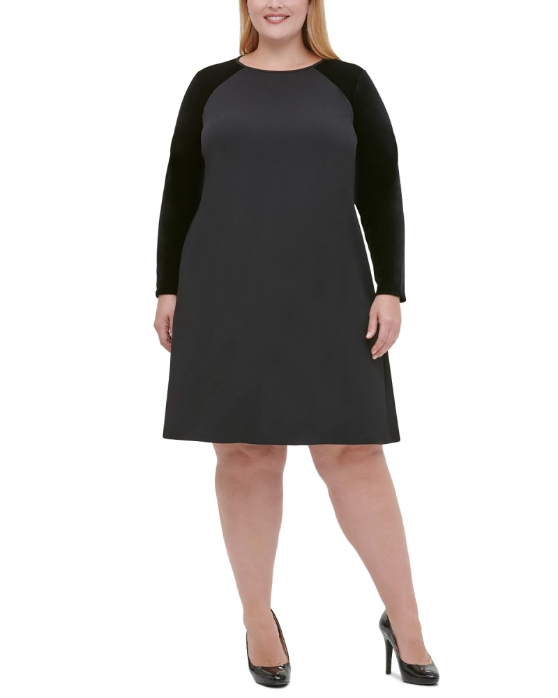 Front of a model wearing a size 16 Tommy Hilfiger Women's Plus Size Velvet-Sleeve A-Line Dress Black Size 16W in Black by Tommy Hilfiger. | dia_product_style_image_id:312564